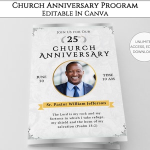 Church Anniversary Program Template, Editable DIY Church Anniversary Bifold Brochure, Printable Church Bulletin Design Canva Template.TDS-10