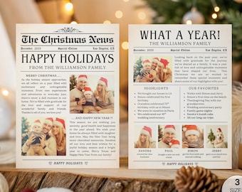 Plantilla de tarjeta navideña de resumen del año, collage de fotos editable de "Qué año tan especial", boletín navideño imprimible, tarjeta navideña de periódico