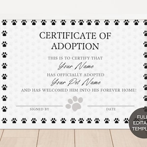 Editable Certificate Of Adoption Template, Printable Pet Adoption Party Certificate Template, Gotcha Day Certificate, Canva Template. TDS-09