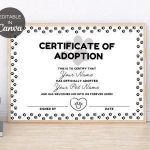 Pet Adoption Certificate Template, Editable Certificate Of Adoption, Printable Gotcha Day Certificate,  Cat Dog Adoption Certificate. TDS-09