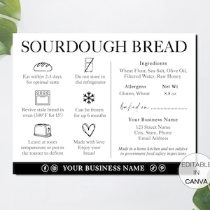 Carte d'entretien du pain au levain, modèle d'étiquette modifiable pour le levain, étiquettes de boulangerie imprimables loi cottage, étiquette des ingrédients conseils d'entretien du pain au levain