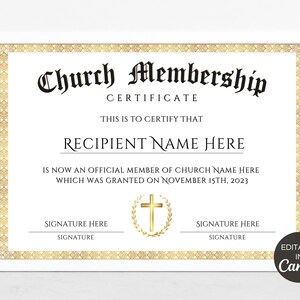 Church Membership Certificate Template, Editable Certificate of Membership, Printable Church New ...