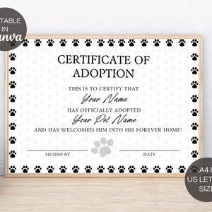 Editable Certificate Of Adoption Template, Printable Pet Adoption Party Certificate Template, Gotcha Day Certificate, Canva Template. TDS-09 image 4