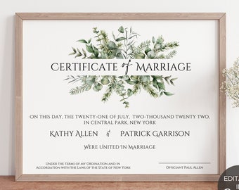 Modello di certificato di matrimonio personalizzato, certificato di matrimonio modificabile, certificato di matrimonio stampabile, ricordo del matrimonio Canva. TDS-10