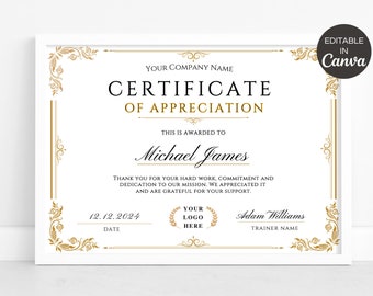 Certificate Of Appreciation Template, Printable Appreciation Certificates, Editable Canva Templates