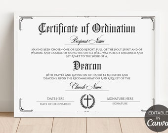 Deacon Ordination Certificate Template, Editable Ministry Ordained Minister Certificates of Ordination