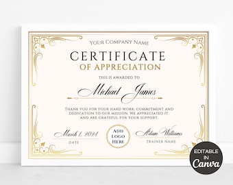 Certificate Of Appreciation, Printable Appreciation Certificates, Editable Canva Template