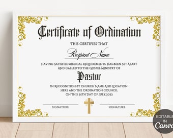 Pastor Ordination Certificate Template, Editable Certificate of Ordination, Printable Ministry Certificate, Church Certificate. TDS-10