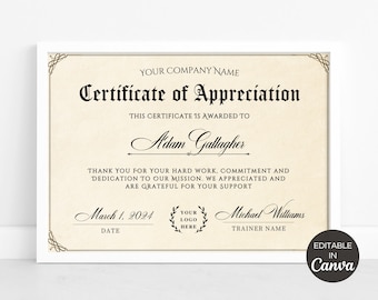 Certificate Of Appreciation Template, Printable Appreciation Certificates, Editable in Canva
