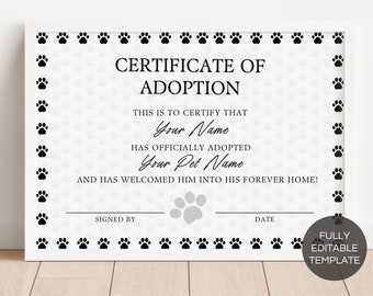 Modèle de certificat d’adoption modifiable, modèle de certificat de fête d’adoption d’animaux de compagnie imprimable, certificat Gotcha Day, modèle Canva. TDS-09