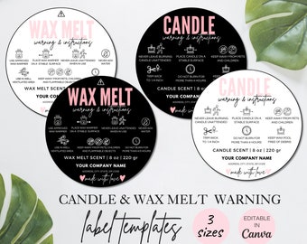 Candle & Wax Melt Warning Label Template, Editable Candle Warning Sticker, Printable 1.5" 2" 3" Candle Warning Label Canva Template. TDS-06