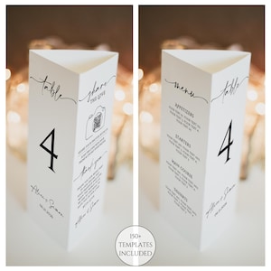 May include: White triangular table number card with black script text. The card features the number 4, the words "table", "share the love", and a menu. The card also includes the names "Alice & Simon" and the date "06.21.2026".