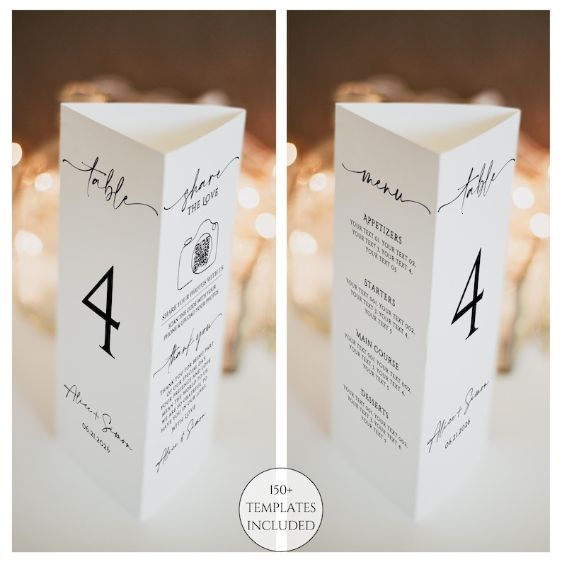 May include: White triangular table number card with black script text. The card features the number 4, the words "table", "share the love", and a menu. The card also includes the names "Alice & Simon" and the date "06.21.2026".