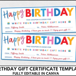 Birthday Gift Certificate Template, Editable Birthday Gift Coupon, Printable Birthday Voucher Canva Template, Birthday Gift Ideas. TDS-13