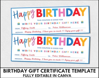 Birthday Gift Certificate Template, Editable Birthday Gift Coupon, Printable Birthday Voucher Canva Template, Birthday Gift Ideas. TDS-13