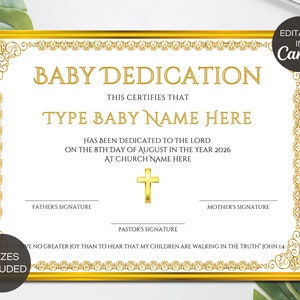 Certificado de Dedicación de Bebé, Plantilla Editable de Certificado de Dedicación Infantil, Certificado de Bautismo Imprimible, Plantilla de Iglesia Canva. TDS-10