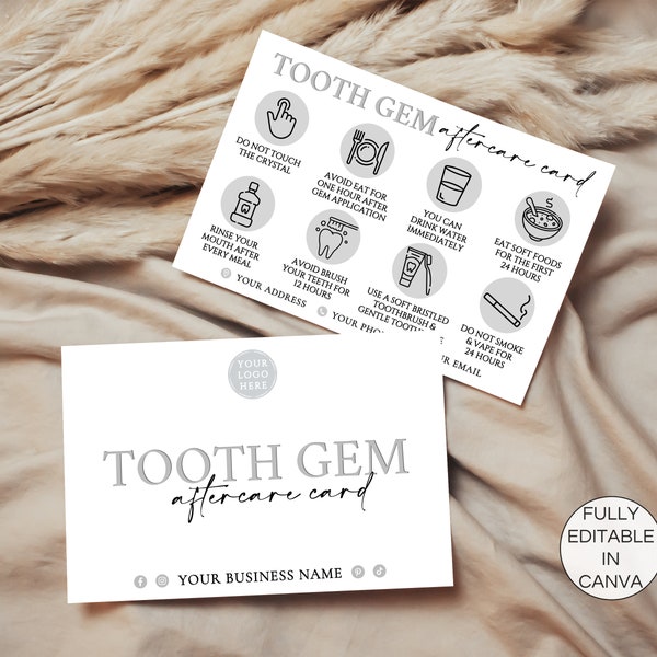 Tooth Gem Aftercare Card, Editable Teeth Crystals Post Care Guide, Printable Dental Care Instructions, Dentist Care Cards Template. TDS-05