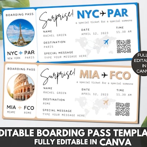Modèle modifiable de carte d'embarquement, billet d'avion imprimable, voyage surprise avec carte d'embarquement, modèle de toile de billet d'embarquement bricolage. FT-13