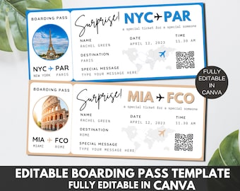 Editable Boarding Pass Template, Printable DIY Airline Tickets Surprise Trip, Edit In Canva