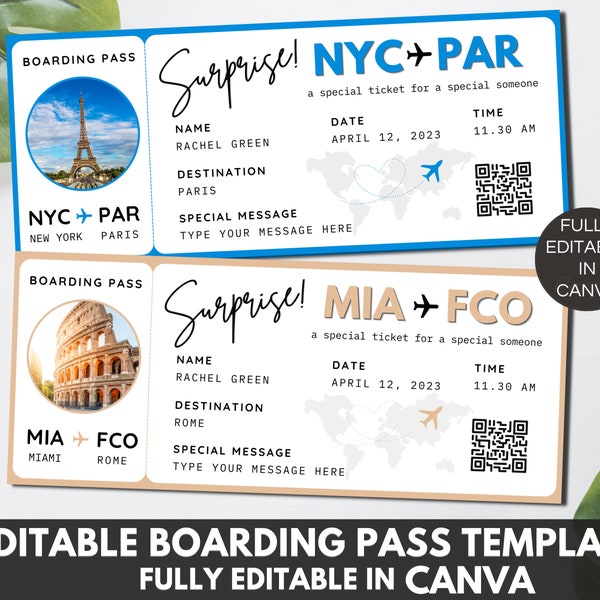 Editable Boarding Pass Template, Printable Airline Ticket, Boarding Pass Surprise Trip, DIY Boarding Ticket Canva Template. TDS-13