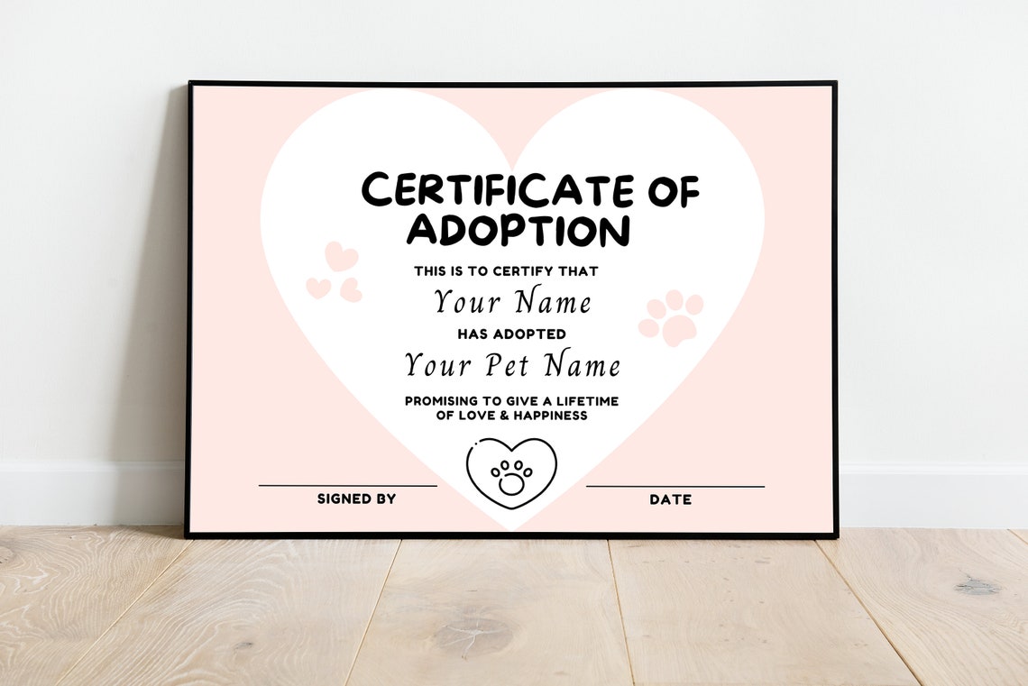 Pet Adoption Certificate Template Editable Certificate of | Etsy