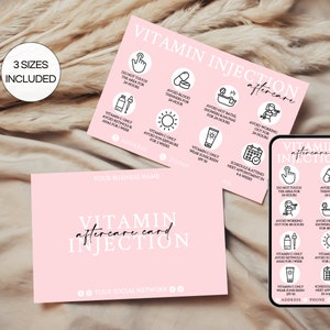 Tarjetas de cuidados posteriores a las inyecciones de vitaminas, tarjetas editables de cuidados de las inyecciones de vitamina C D3 B12, plantilla de Canva de tarjetas de salón de belleza imprimibles. TDS-05