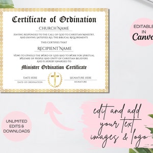 Op de afbeelding: Bewerkbare ordonnatie certificaat sjabloon in Canva. Het certificaat heeft een gouden rand en een kruis met een lauwerkrans. De tekst luidt "Ordonnatie certificaat", "Kerk naam", "Ontvanger naam", "Minister Ordonnatie Certificaat", "Datum hier", "Datum van de ordonnatie", "Handtekening hier", "Handtekening".