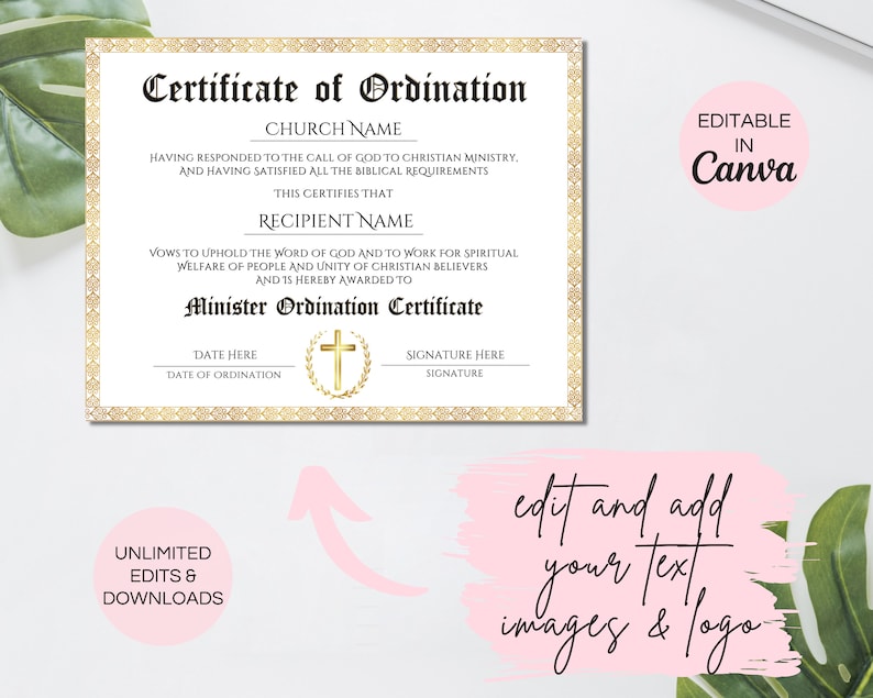 Op de afbeelding: Bewerkbare ordonnatie certificaat sjabloon in Canva. Het certificaat heeft een gouden rand en een kruis met een lauwerkrans. De tekst luidt "Ordonnatie certificaat", "Kerk naam", "Ontvanger naam", "Minister Ordonnatie Certificaat", "Datum hier", "Datum van de ordonnatie", "Handtekening hier", "Handtekening".