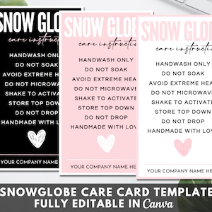 Bewerkbare Snow Globe Care Card-sjabloon, afdrukbare Snowglobe Tumbler Care-kaarten, Snow Globe Care-instructies kaart Canva-sjabloon. TDS-05