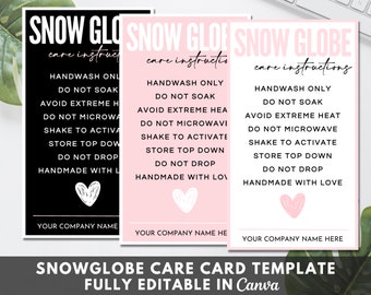 Plantilla de tarjeta de cuidado de globo de nieve editable, tarjetas de cuidado de vaso de globo de nieve imprimibles, plantilla Canva de tarjeta de instrucciones de cuidado de globo de nieve. TDS-05