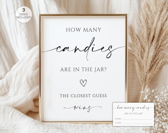 Juego "Adivina cuántos caramelos hay en el tarro", juego imprimible para baby shower, juegos minimalistas para novias, plantilla Canva incluida, 3 tamaños