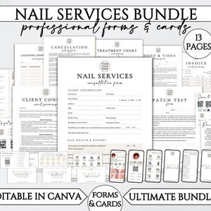 May include: A collection of white and black printable nail service forms and cards. The bundle includes consultation forms, invoices, and loyalty cards. The text on the forms includes "Nail Services Bundle" and "Editable in Canva".