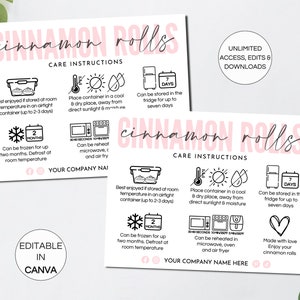 Puede incluir: Dos tarjetas rosas y blancas con "Cinnamon Rolls" en cursiva. Las tarjetas incluyen instrucciones de cuidado con iconos para almacenamiento, temperatura y recalentamiento. El texto en las tarjetas incluye "Acceso ilimitado, ediciones y descargas" y "Editable en Canva."