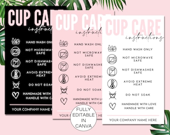 Cup Care Card Template, Editable Cup Care Cards, Printable Tumbler Care Card, Cup Care Guide Instructions Card, Canva Template. TDS-05