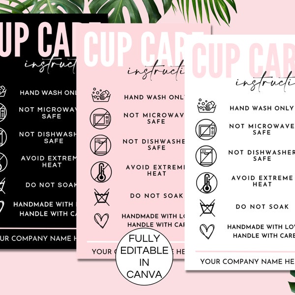 Cup Care Card Template, Editable Cup Care Cards, Printable Tumbler Care Card, Cup Care Guide Instructions Card, Canva Template. TDS-05