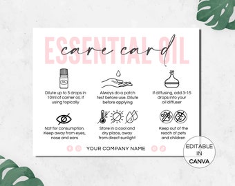 Essential Oil Care Card, Editable Essential Oil Care Instructions, Printable Therapeutic Oils Care Guide Order Insert Canva Template. TDS-05