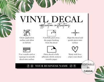 Vinyl Decal Application Instructions Card, Printable Vinyl Care Cards, Editable Canva Template