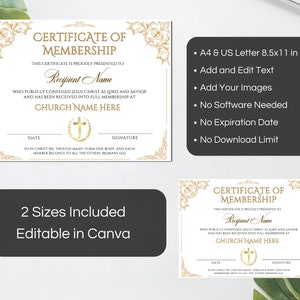 Editable Church Membership Certificate Template, Printable Certificate of Membership, Church New ...