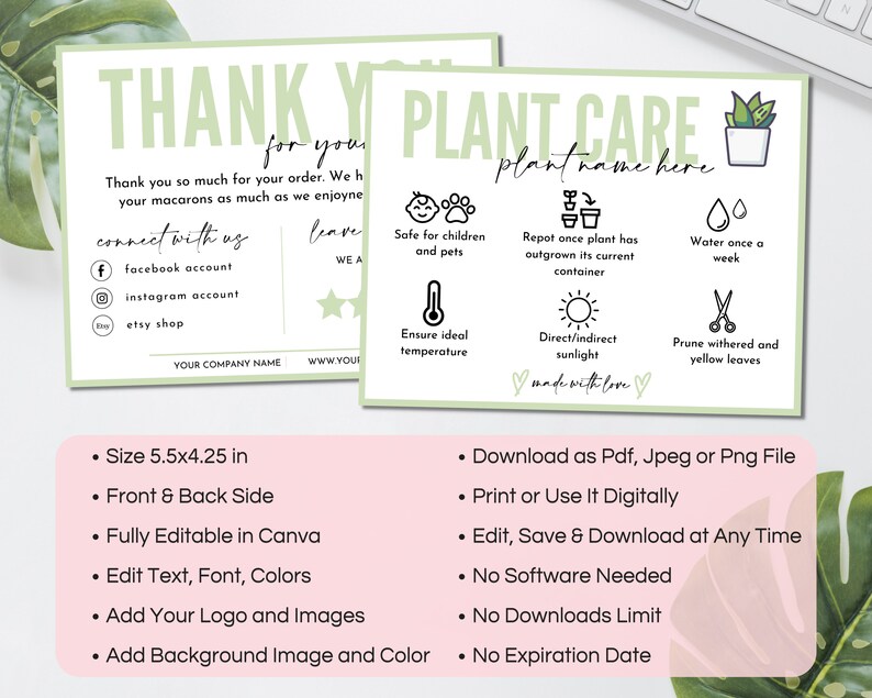 Plant Care Card Template Editable Plant Care Guide Printable Etsy