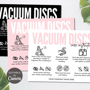 Vacuum Discs Care Card Canva Template, Editable Vacuum Scented Discs Care Instructions, Printable Vacuum Fresheners Care Guide. TDS-05