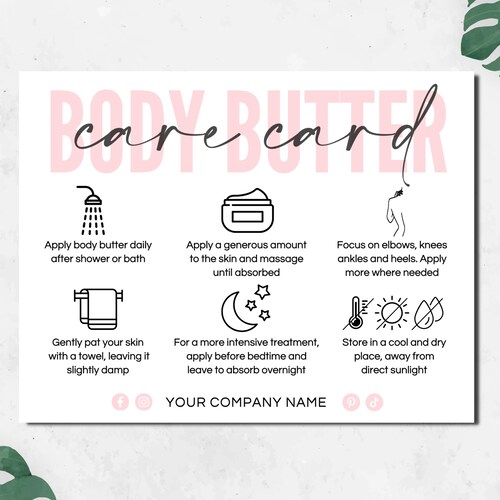 Body Butter Care Card, Printable Whipped Shea Butter Instructions Cards, Editable Canva Template