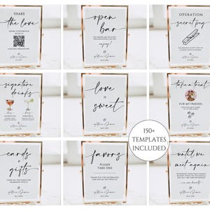 May include: A collection of wedding signs with gold frames and white backgrounds. The signs feature elegant calligraphy with phrases like "Share the Love," "Open Bar," and "Love is Sweet." The image includes a sign with the text "150+ Templates Included."