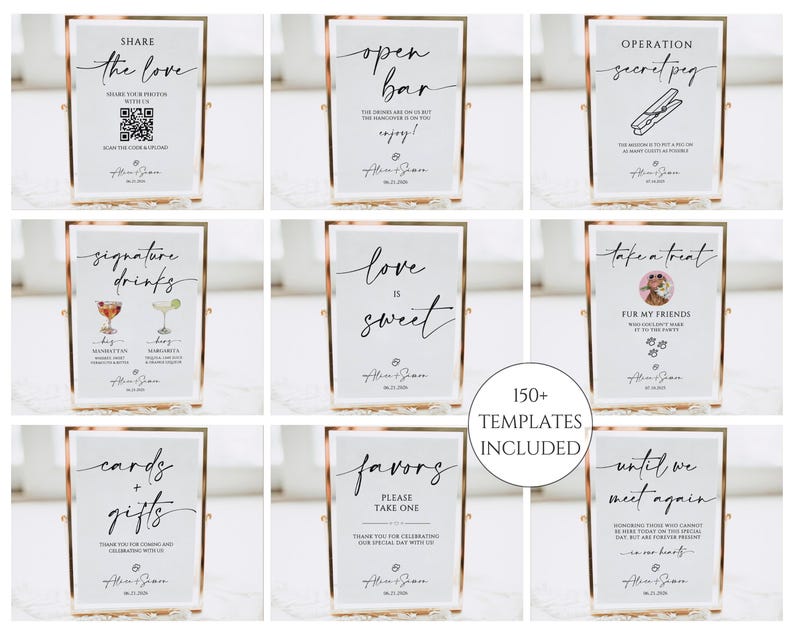 May include: A collection of wedding signs with gold frames and white backgrounds. The signs feature elegant calligraphy with phrases like "Share the Love," "Open Bar," and "Love is Sweet." The image includes a sign with the text "150+ Templates Included."