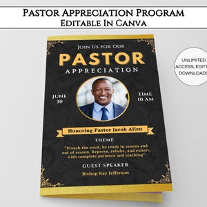 Plantilla del programa de agradecimiento al pastor, folleto plegable editable de instalación del pastor, plantilla de Canva de diseño de boletín de la iglesia imprimible. TDS-10