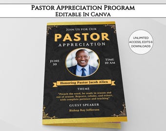 Pastor Appreciation Program, Printable Pastor Installation Bifold Brochure, Church Bulletin Design Editable Canva Template
