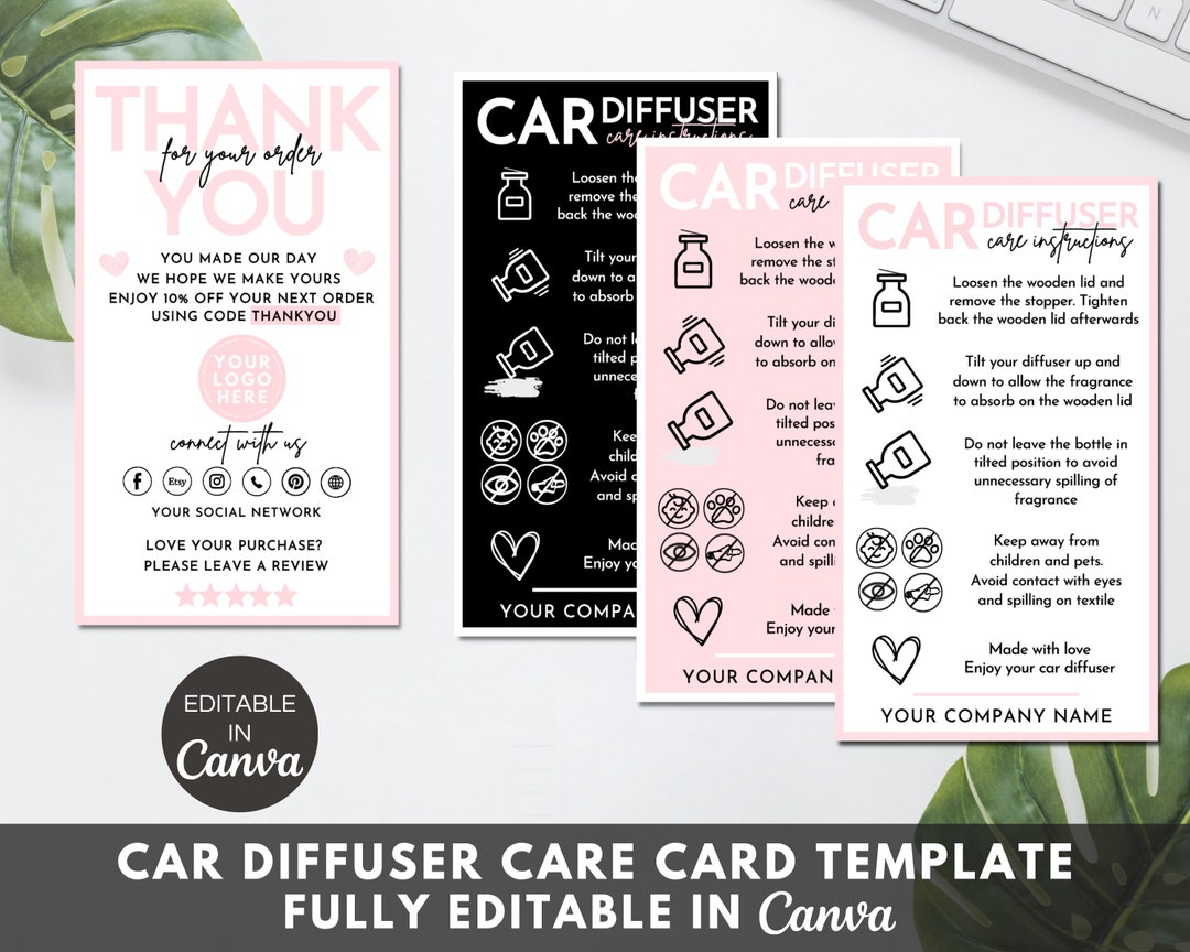 Car Diffuser Care Card, Printable Diffuser Instructions Cards, Editable ...