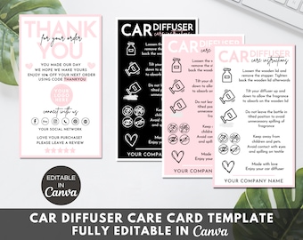 Car Diffuser Care Card, Printable Diffuser Instructions Cards, Editable Canva Template