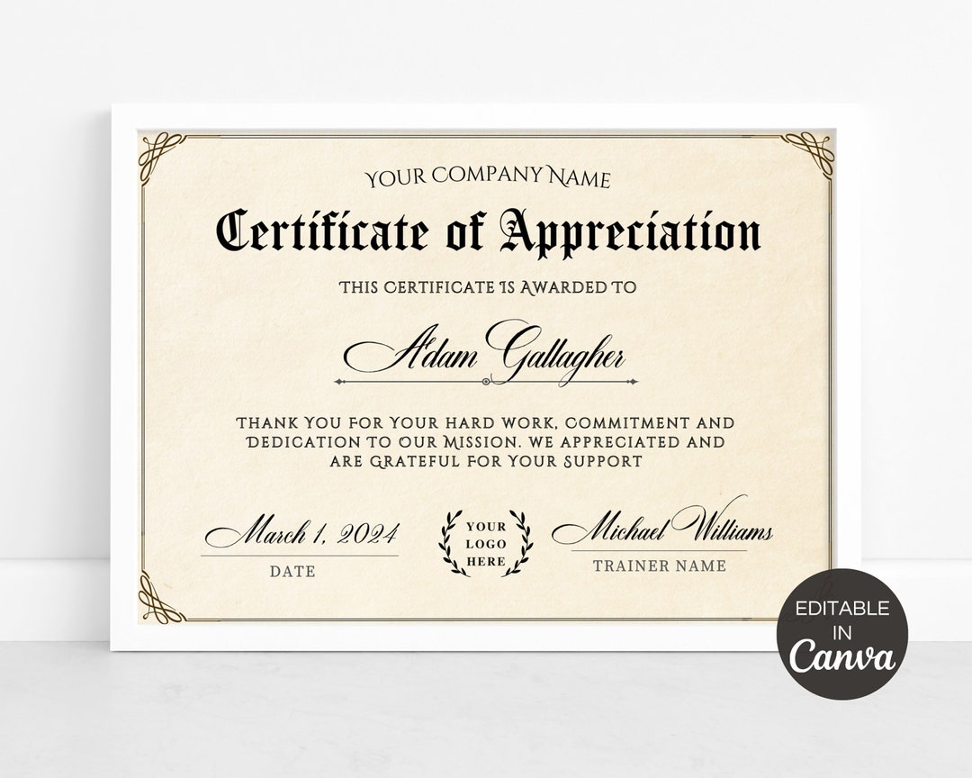 Editable Certificate of Appreciation Template, Printable Appreciation