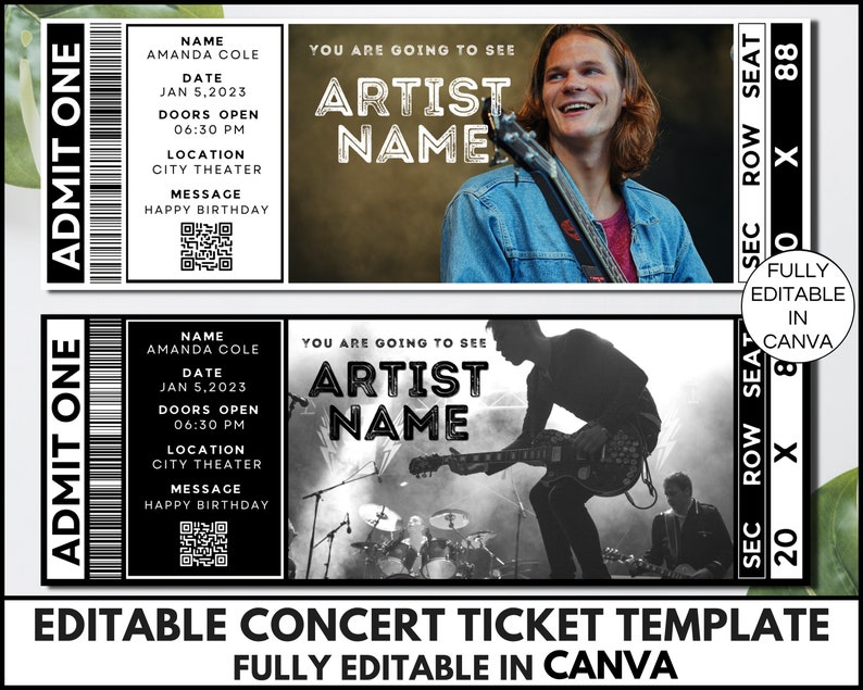 Editable Concert Ticket Canva Template, Printable Event Ticket, Custom Concert Ticket Invitation,Concert Ticket Digital Download Gift.TDS-13 zdjęcie 1