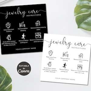 Plantilla Canva de tarjeta de cuidado de joyería, instrucciones de cuidado de joyería imprimibles, inserciones editables para el cuidado de aretes, tarjetas de paquete de joyería de bricolaje. TDS-05